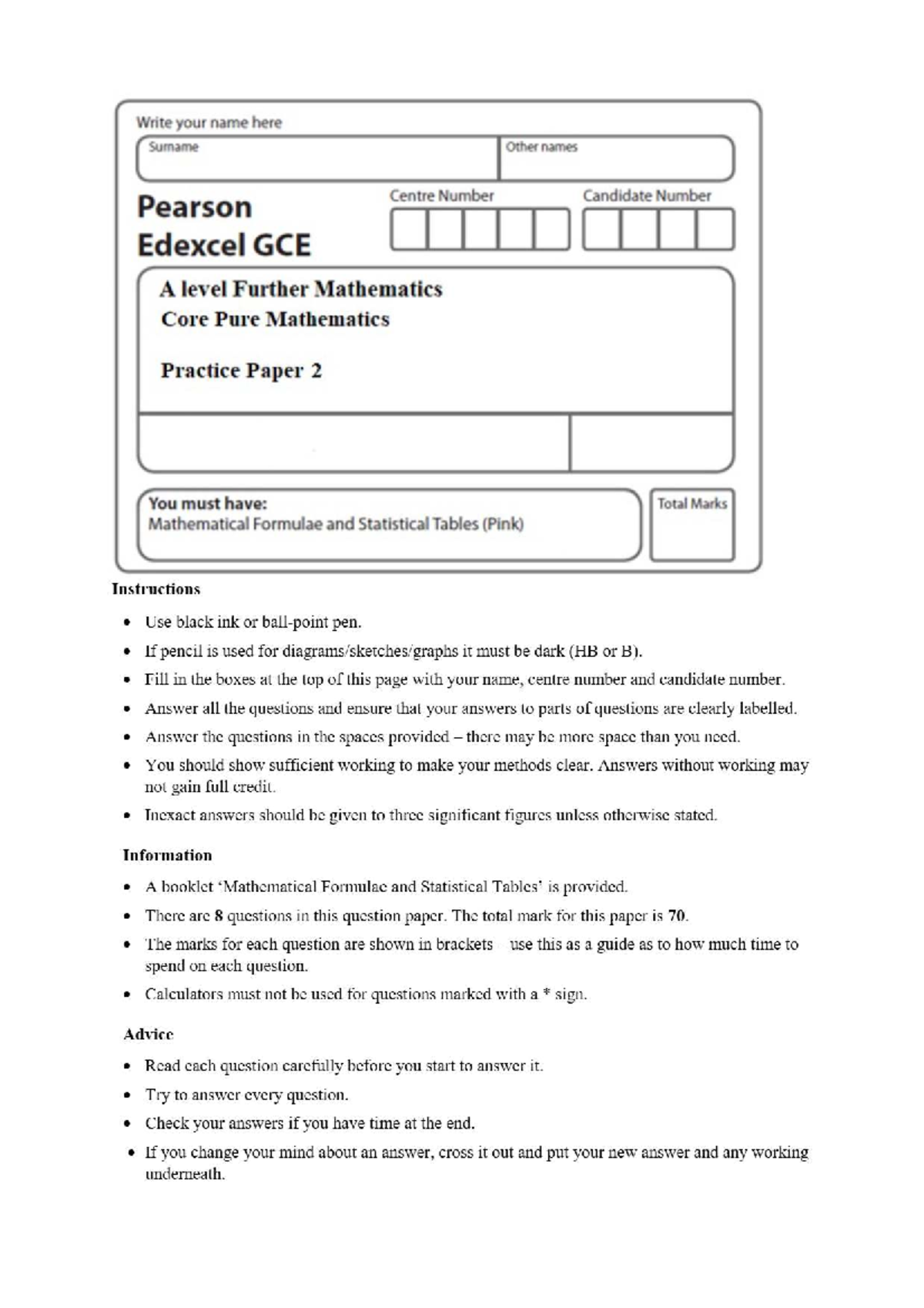 Edexcel GCE A Level Further Maths Core Pure Practice Paper 2 - Studocu