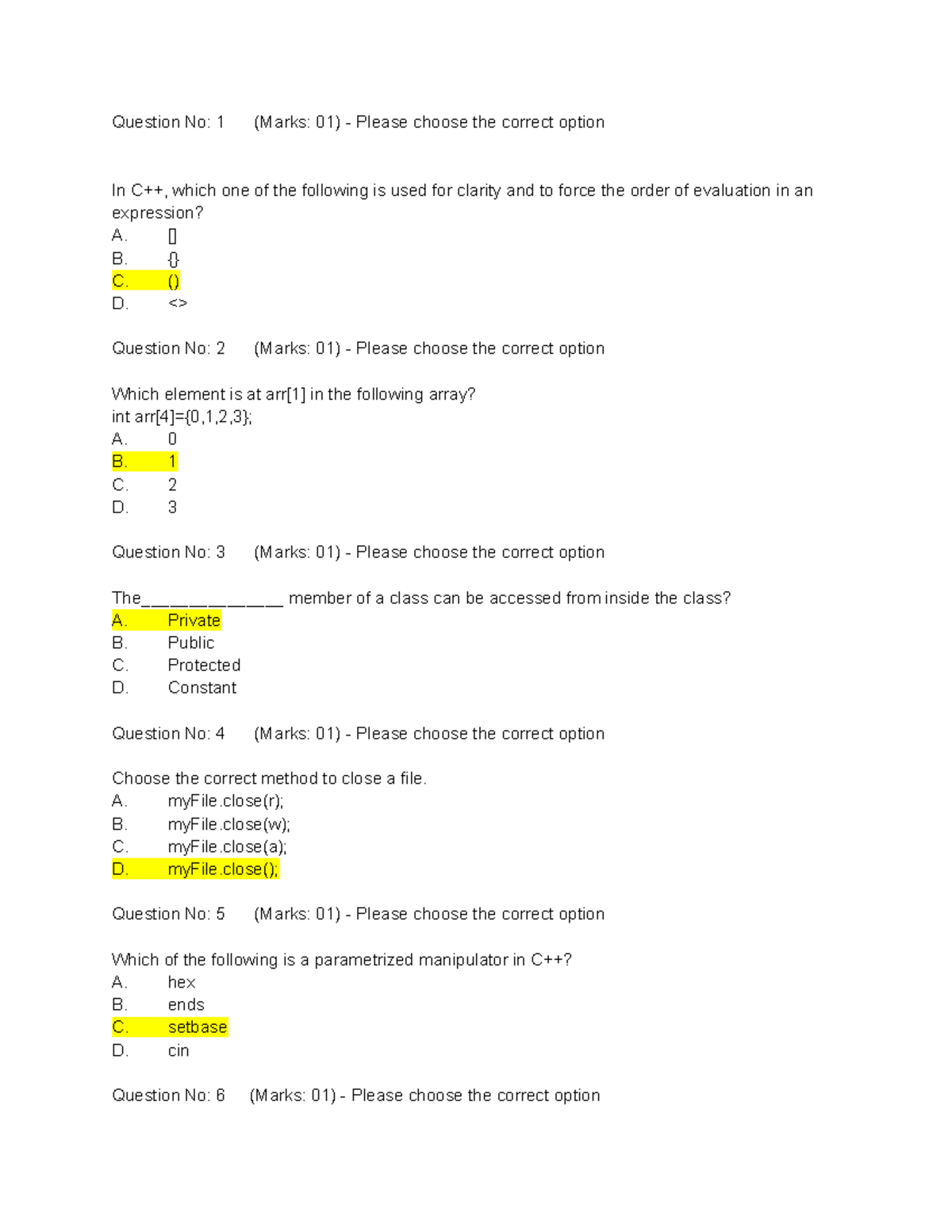 CS201P Sample Paper Solution File: C++ Concepts & Questions - Studocu