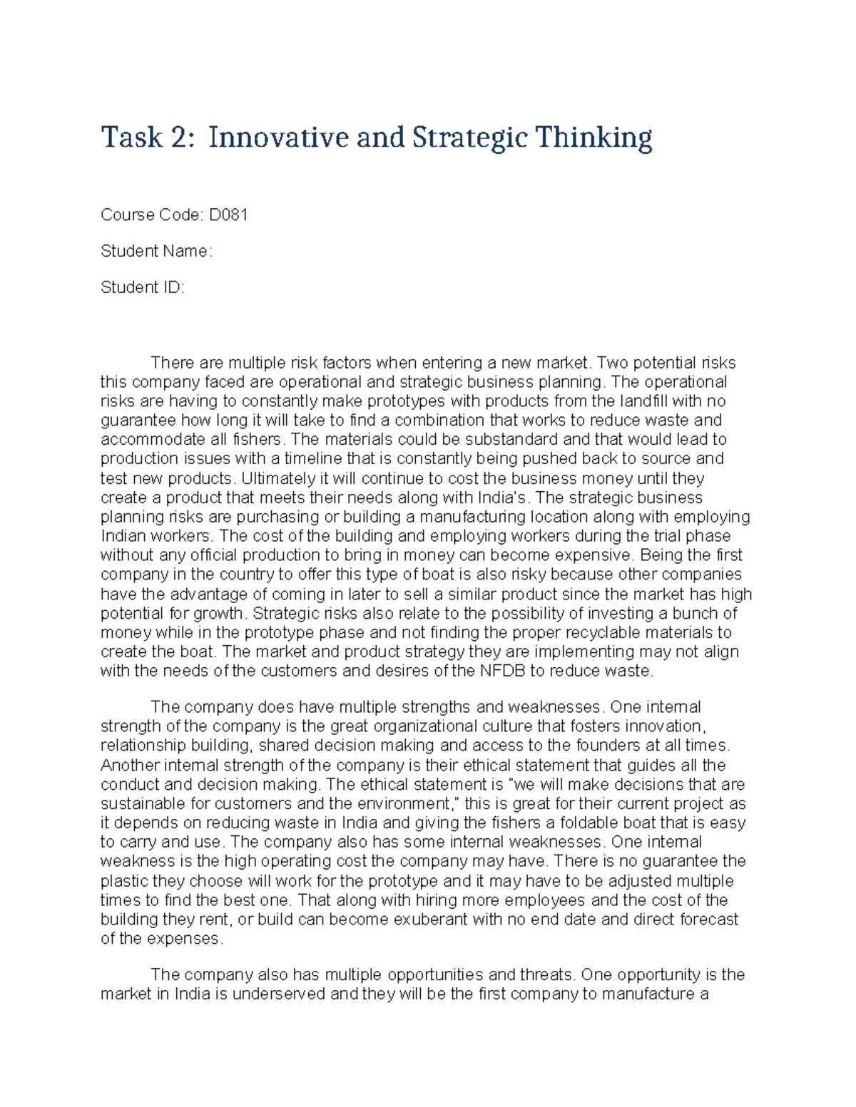 Task 2: Analyzing Risks in Market Entry - D081 - Studocu
