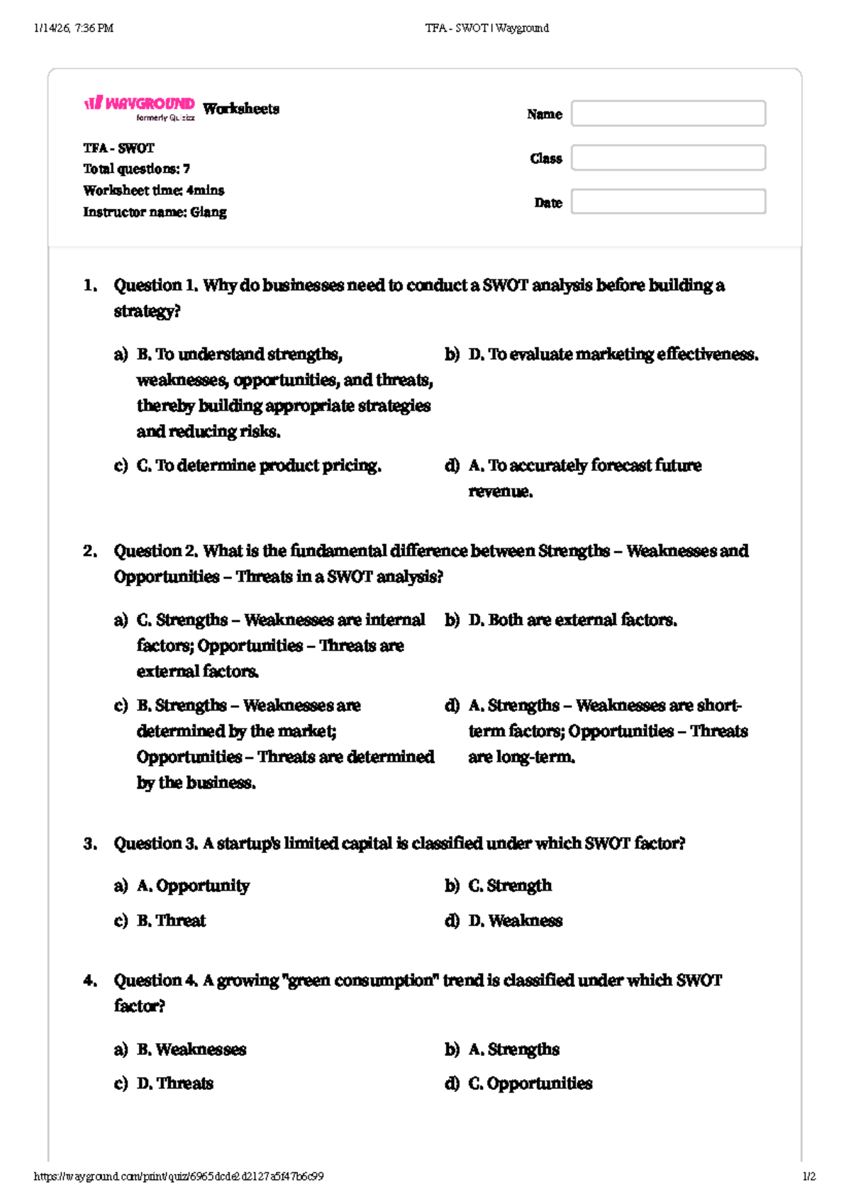 TFA SWOT Analysis Worksheets - Key Questions and Answers - Studocu
