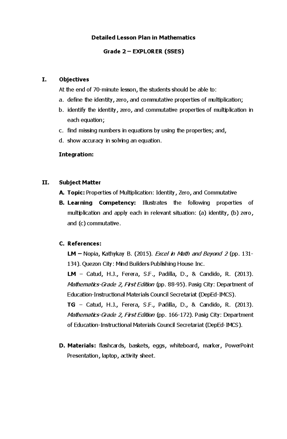 Detailed Lesson Plan on Multiplication Properties for Grade 2 - SSES ...