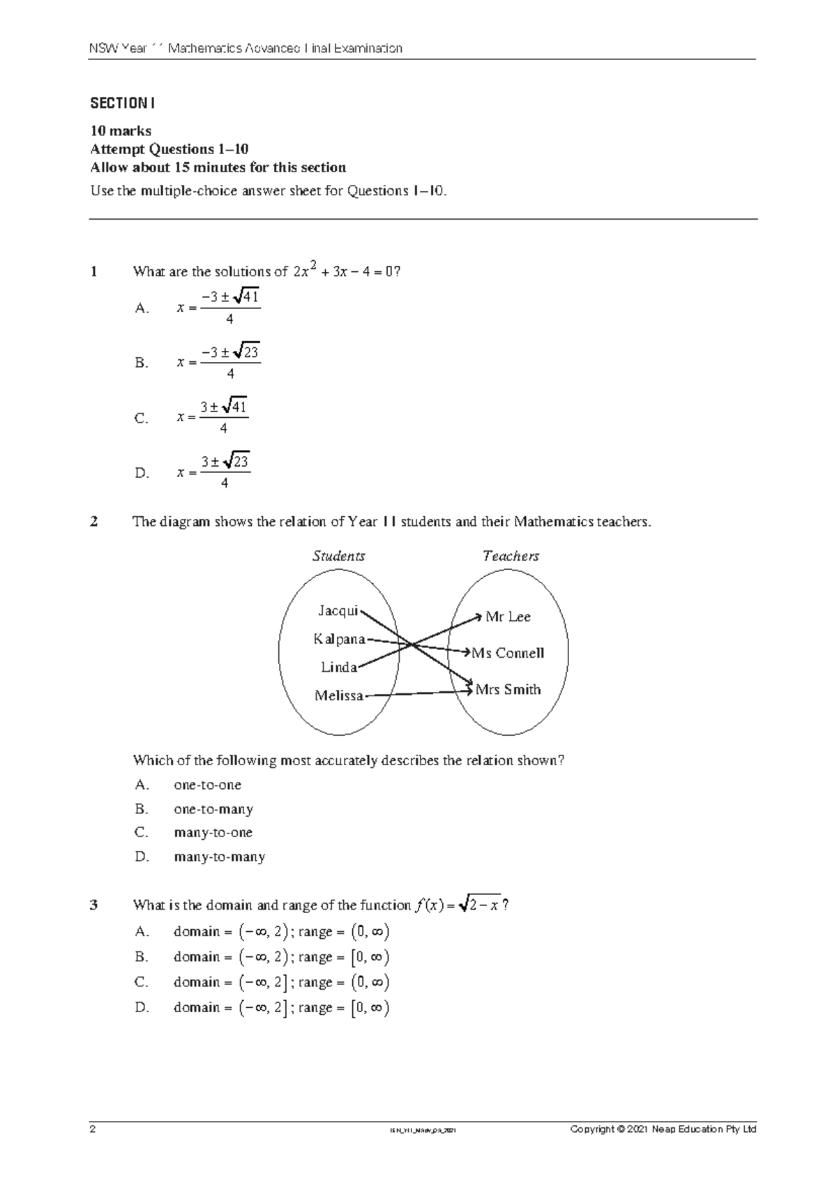 NSW Year 11 Mathematics Advanced Final Exam - Modified 2021 - Studocu