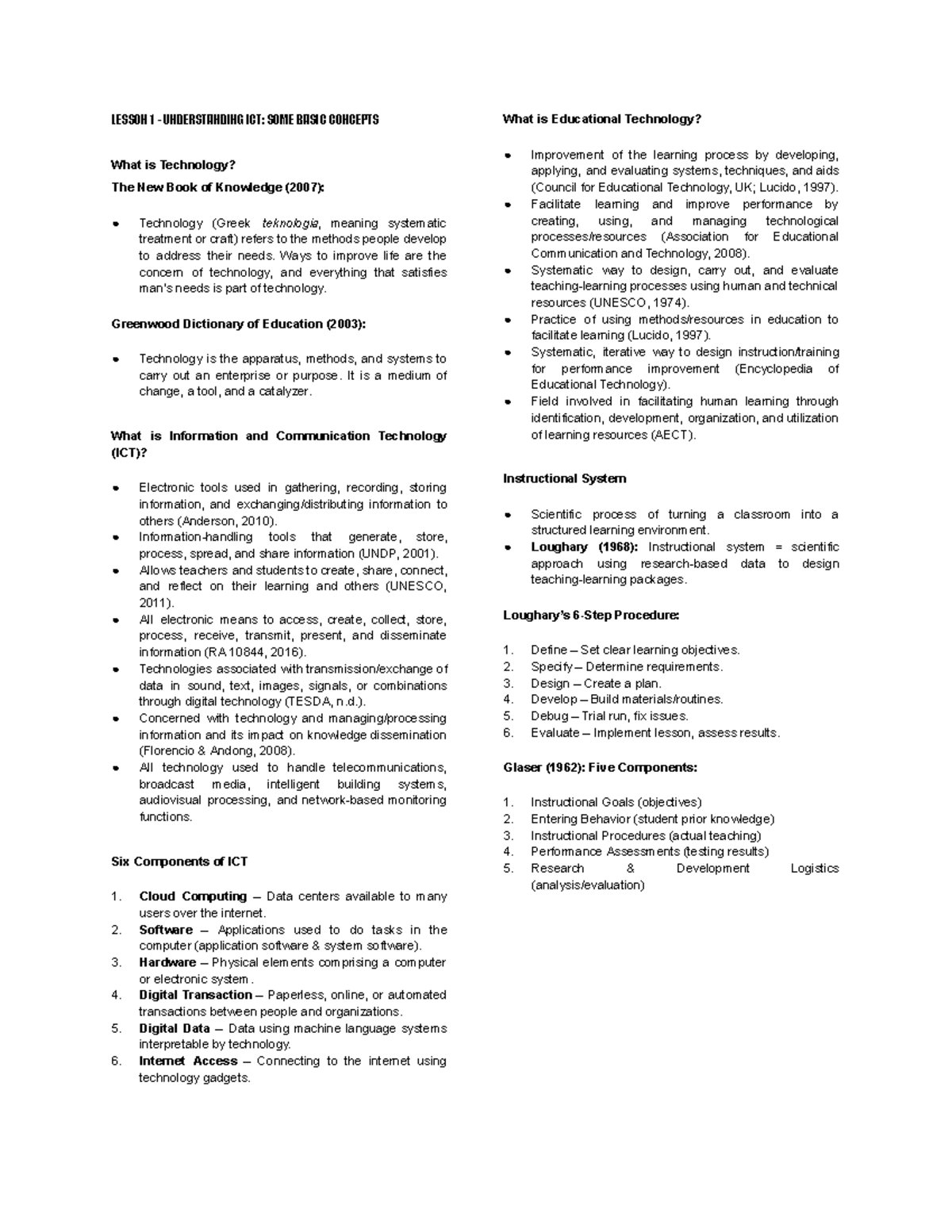 EDUC-85: Lesson 1 - Understanding ICT and Its Basic Concepts - Studocu