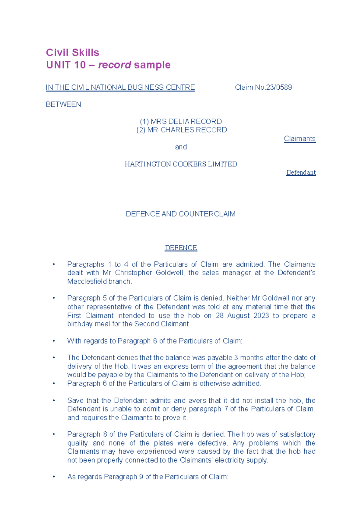 Record V Hartington Sample - Civil Skills UNIT 10 – record sample IN ...