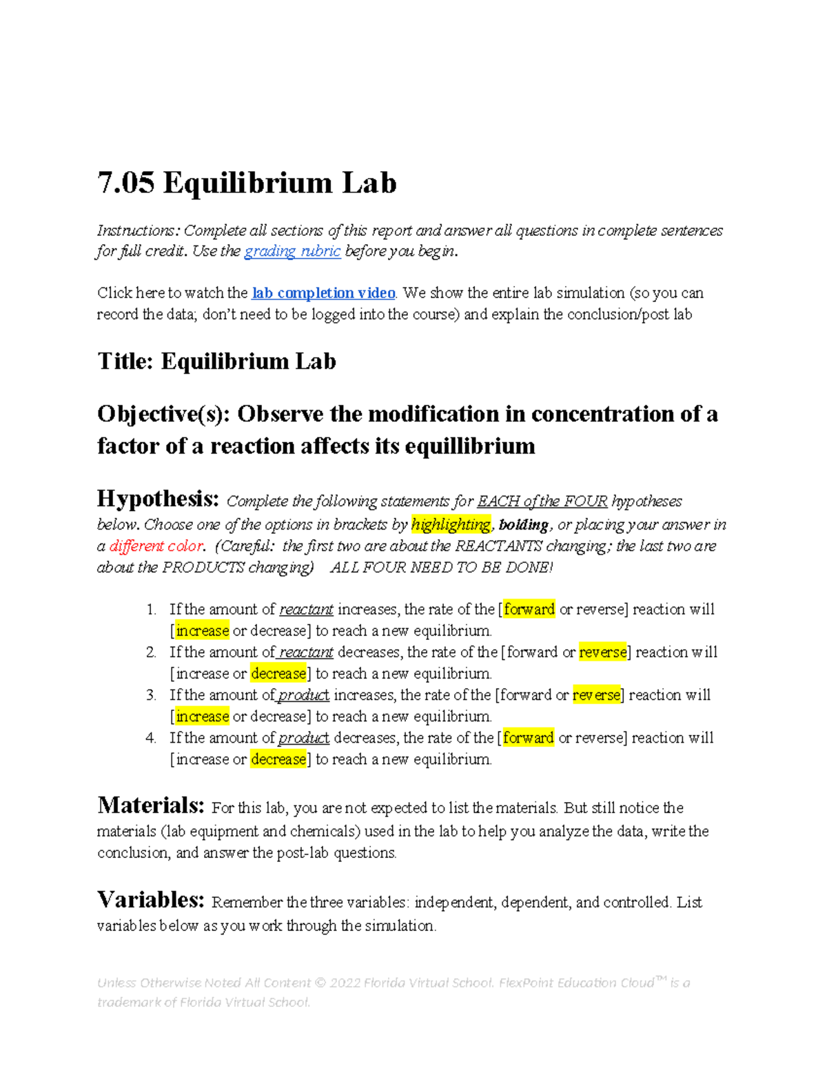 7.05 Equilibrium Lab Report: Observations and Analysis - Studocu