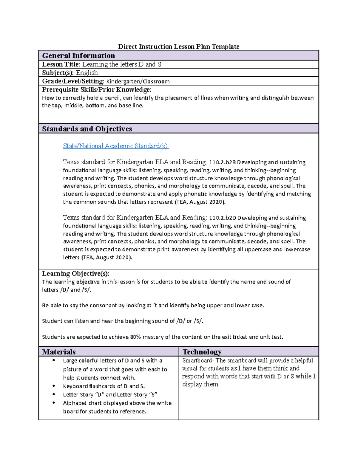 D091-Intro to Curriculum: Direct Instruction Lesson Plan for D & S ...
