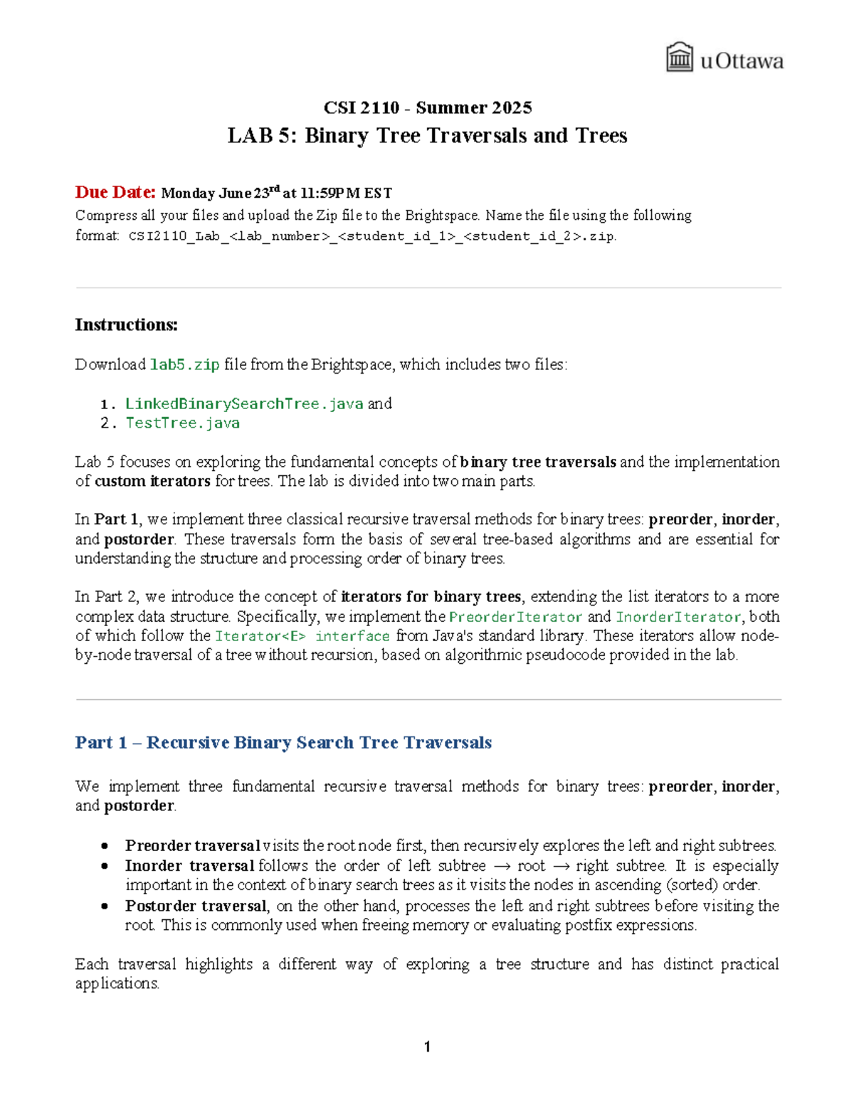 CSI 2110 Summer 2025 Lab 5: Binary Tree Traversals & Iterators - Studocu