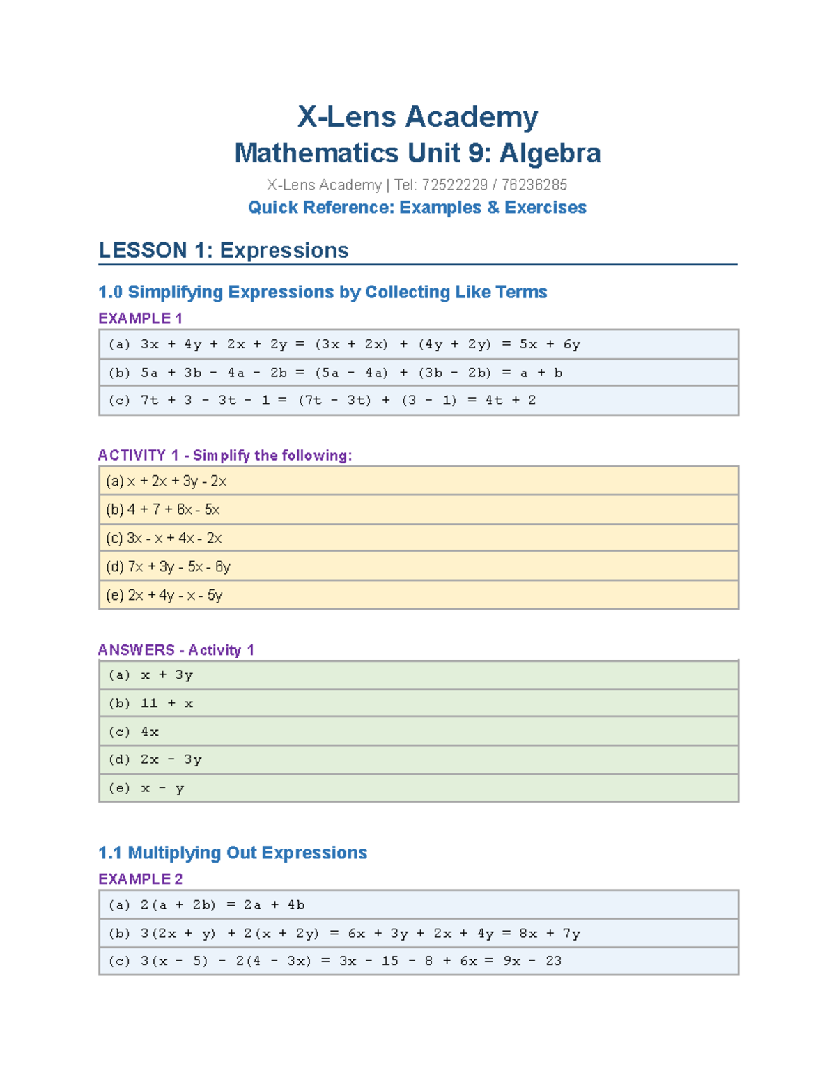 Academy Mathematics Unit 9: Algebra - Quick Reference Guide - Studocu