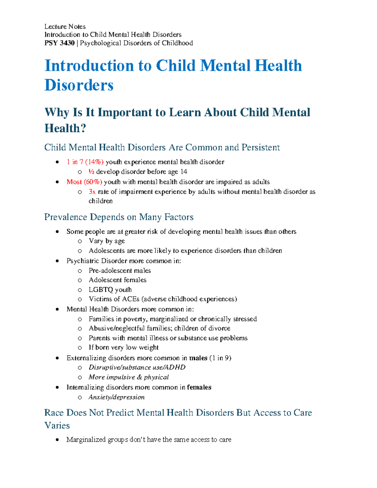 Lecture Notes on Child Mental Health Disorders - PSY 3430 - Studocu