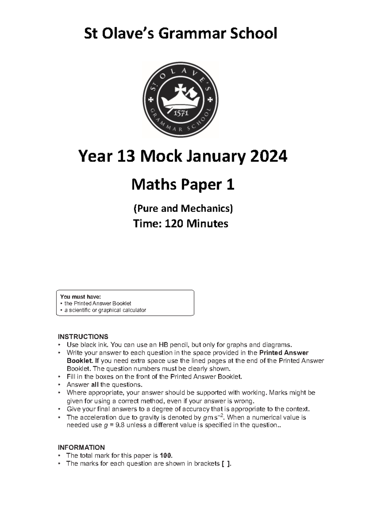 Year 13 Maths Mock Paper - Pure & Mechanics Jan 2024 - Studocu