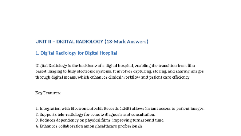 UNIT II Digital Radiology 13 Mark Answers and Key Concepts - Studocu