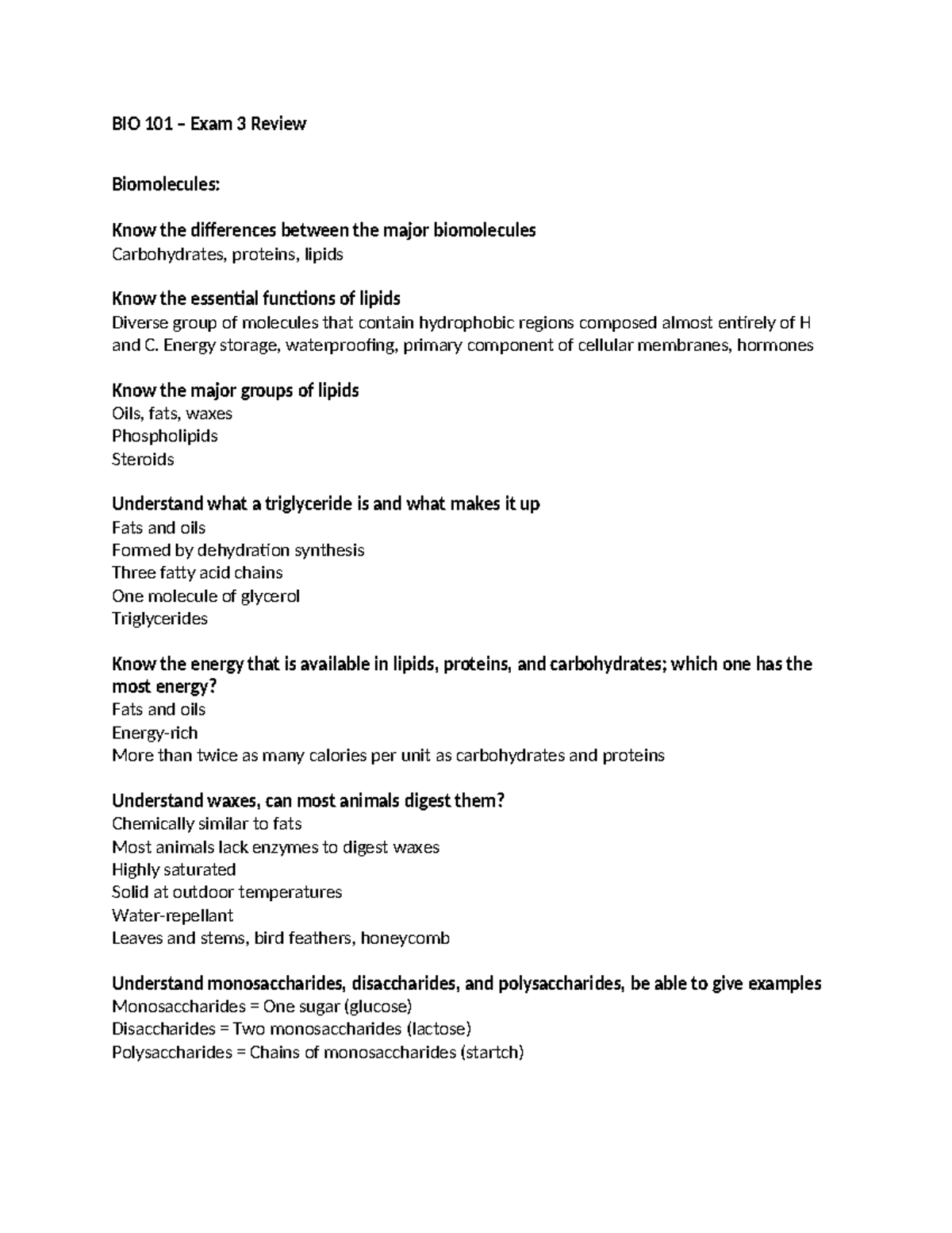 BIO 101 Exam 3 Review: Key Concepts on Biomolecules and Functions - Studocu