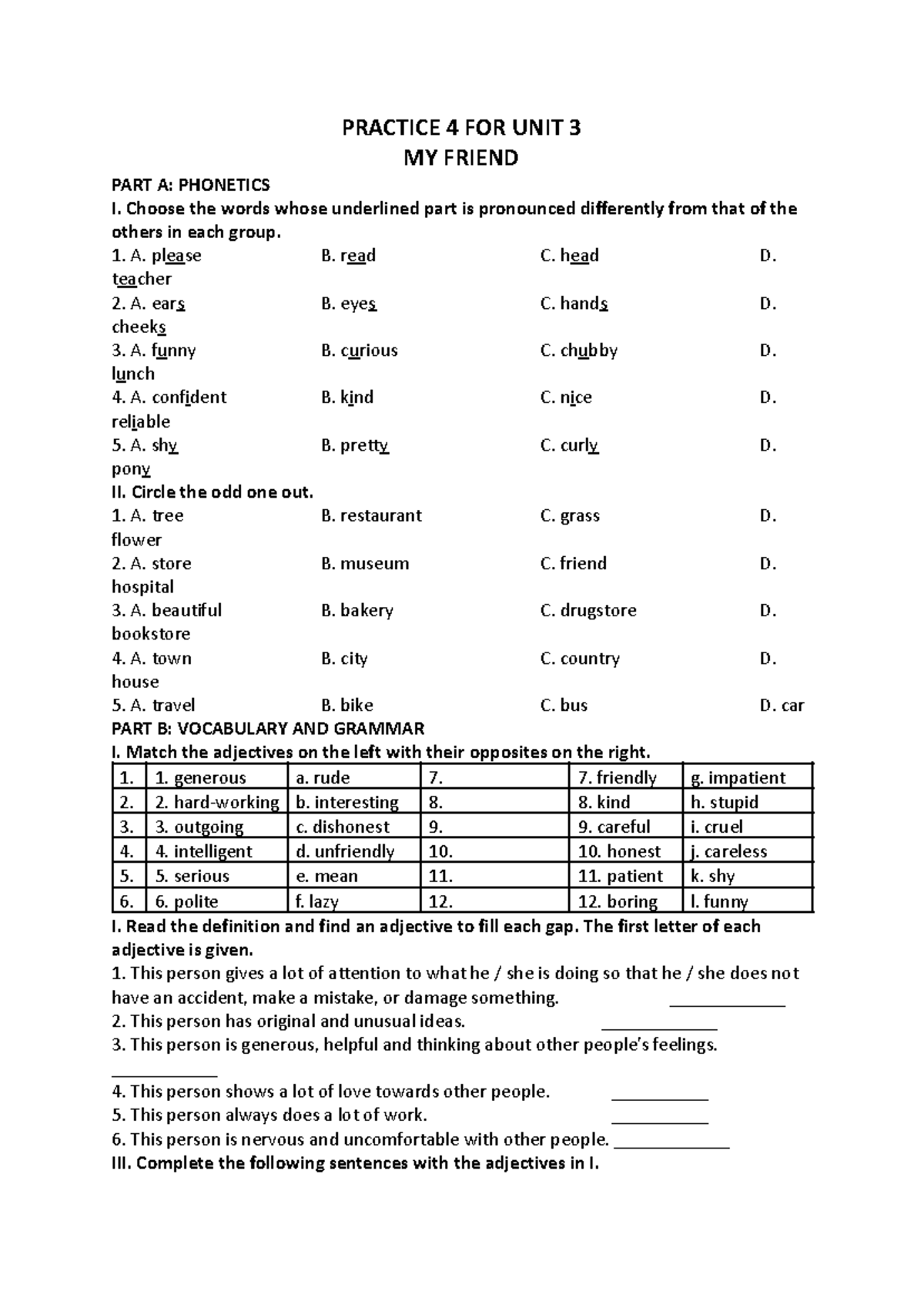 TEST UNIT 3 - PHONETICS, VOCABULARY & GRAMMAR EXERCISES - Studocu