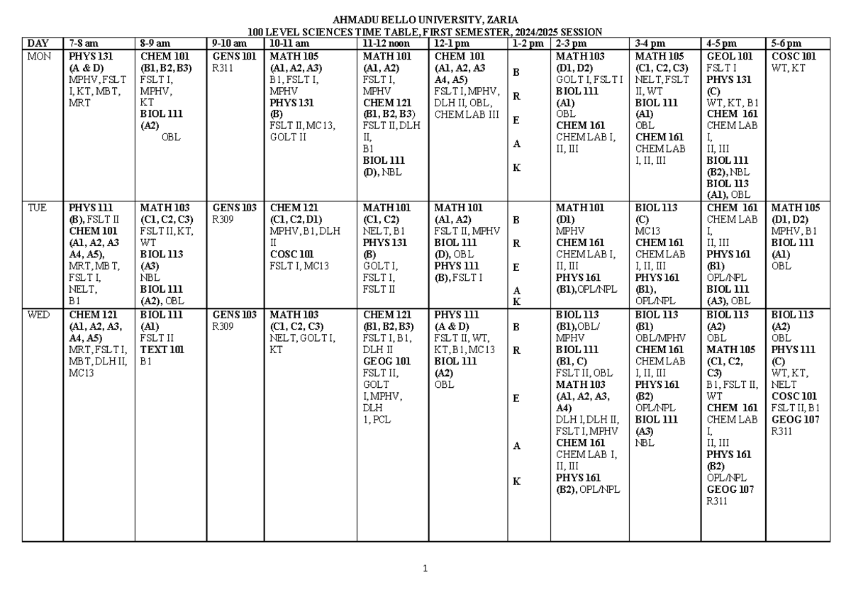 100L-Science Timetable for First Semester 2024/2025 Session - Studocu