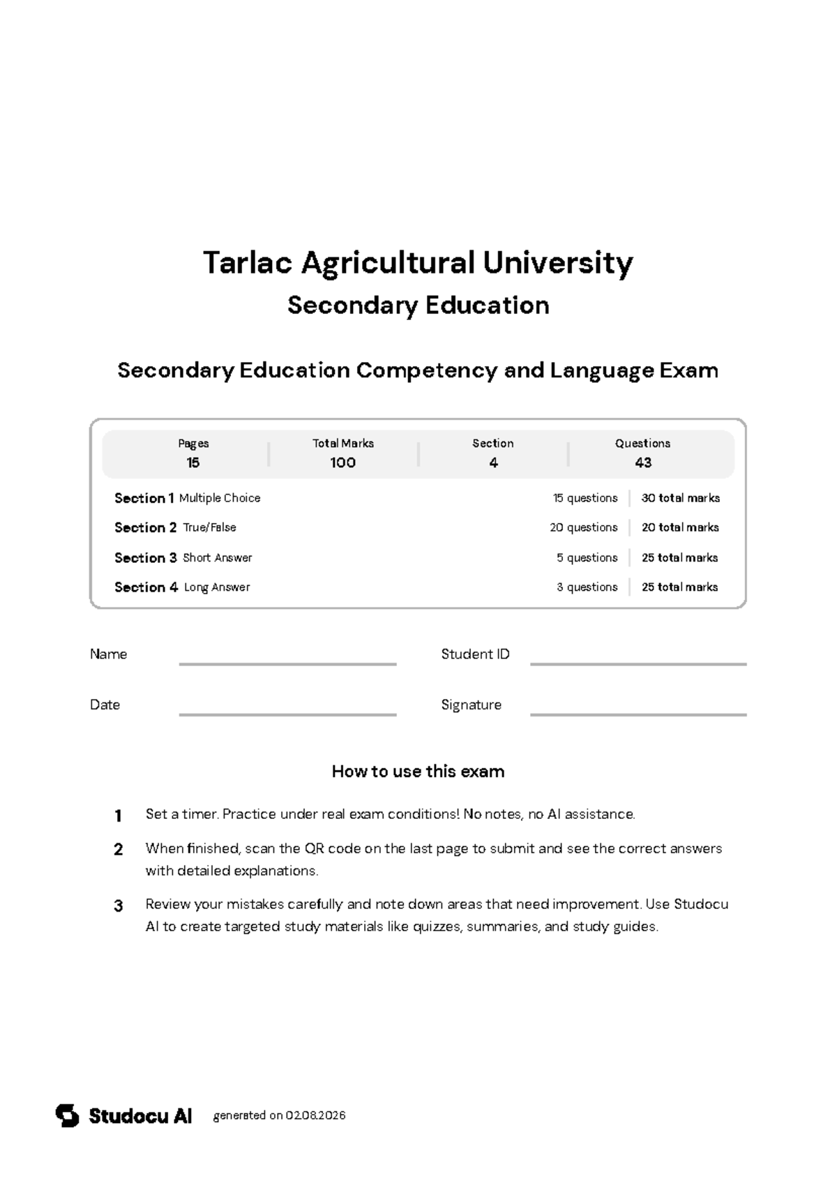 Secondary Education Competency and Language Exam - Studocu