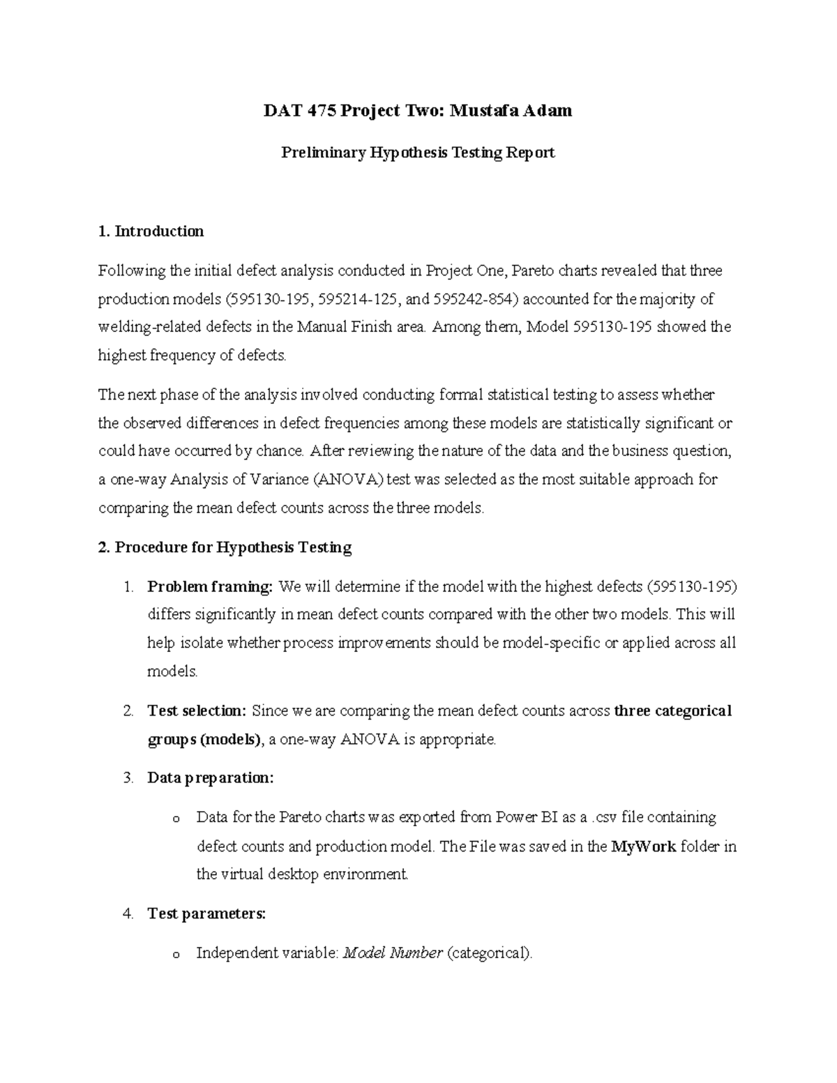 DAT 475 Project Two: Preliminary Hypothesis Testing Report on Defects ...