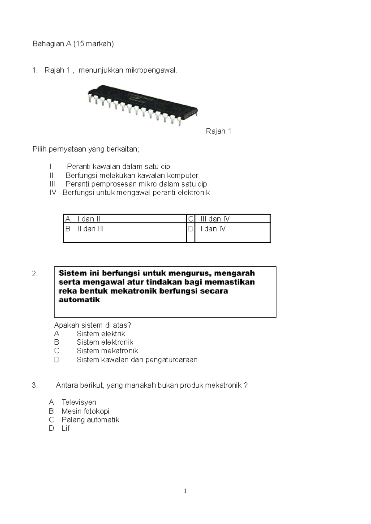 UPSA RBT Form 3 2022: Soalan dan Jawapan Mekatronik - Studocu