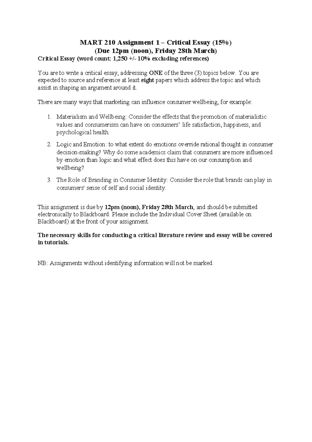 MART 210 Assignment 1: Critical Essay on Consumer Wellbeing - Studocu
