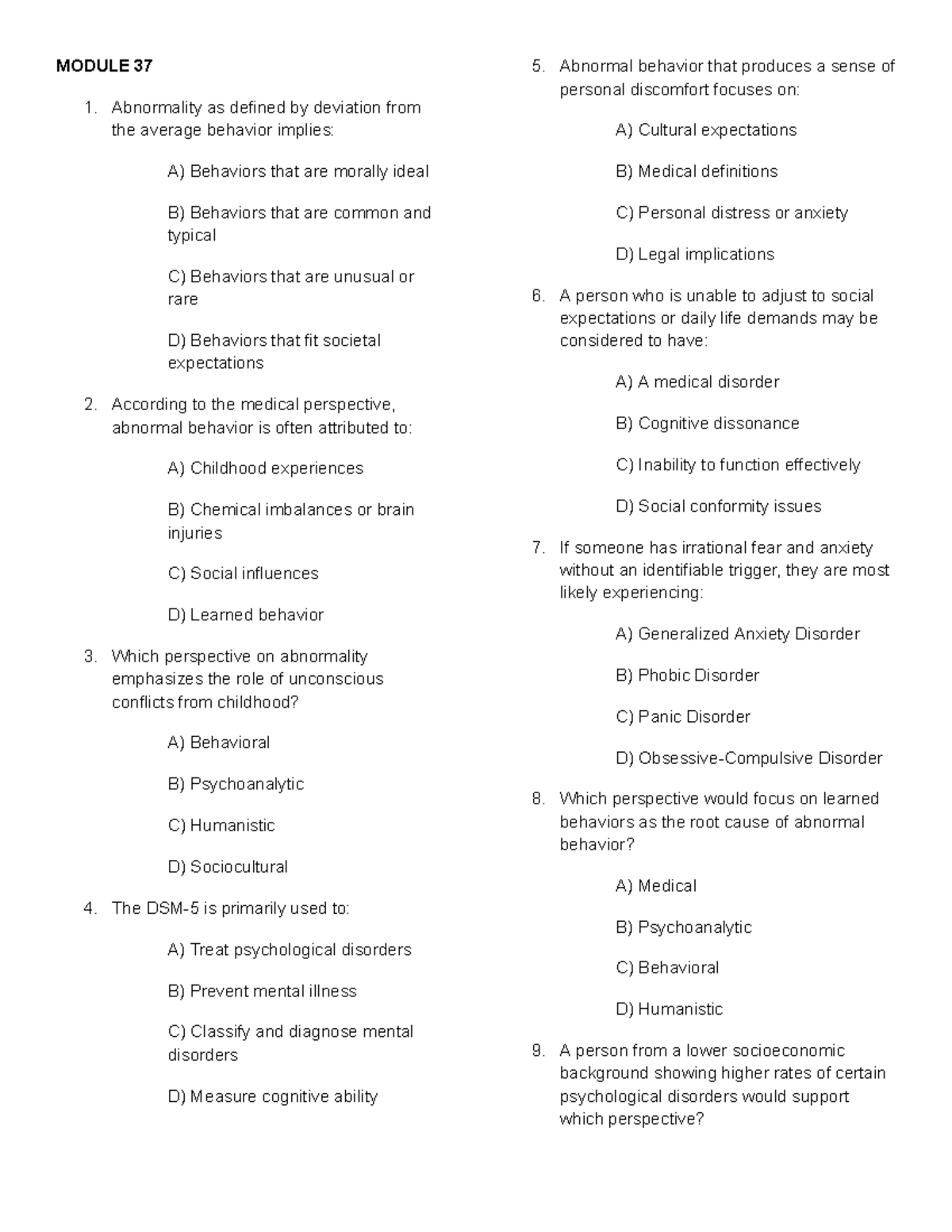 Module 37 & 38 Quiz: Understanding Abnormal Behavior Concepts - Studocu