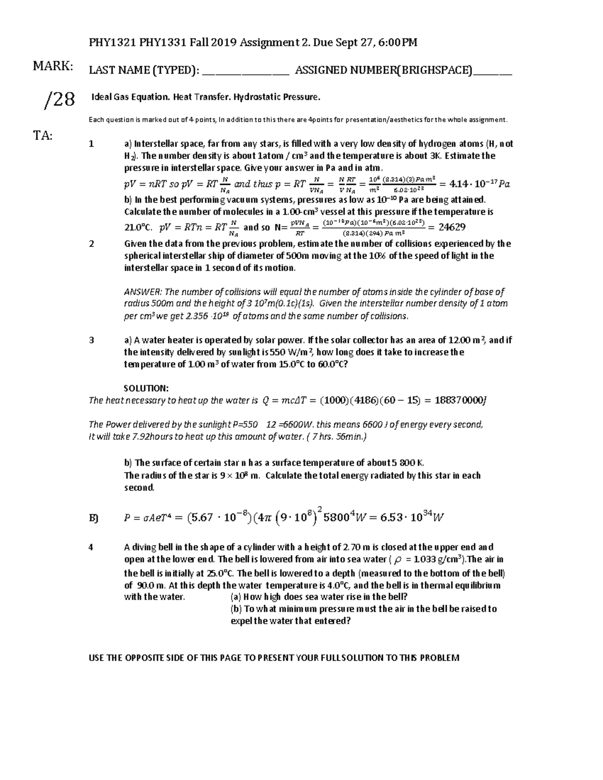 PHY1321 Fall 2019 Assignment 2 Solutions and Key Concepts - Studocu