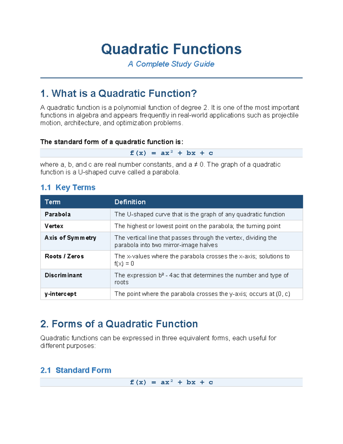 Quadratic Functions (MATH101) - A Comprehensive Study Guide - Studocu