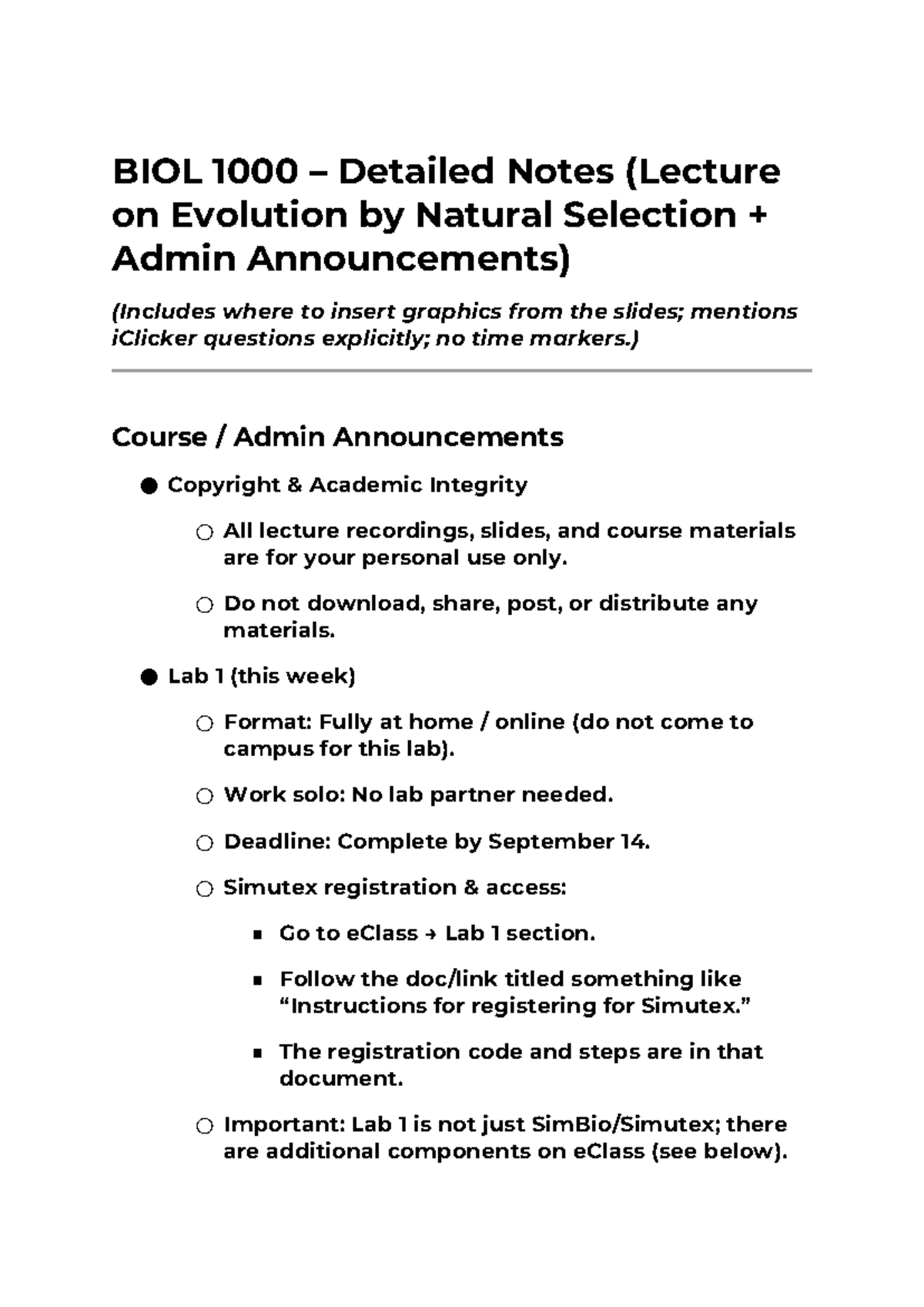 BIOL 101 Lecture 3 Notes: Evolution & Natural Selection Insights - Studocu
