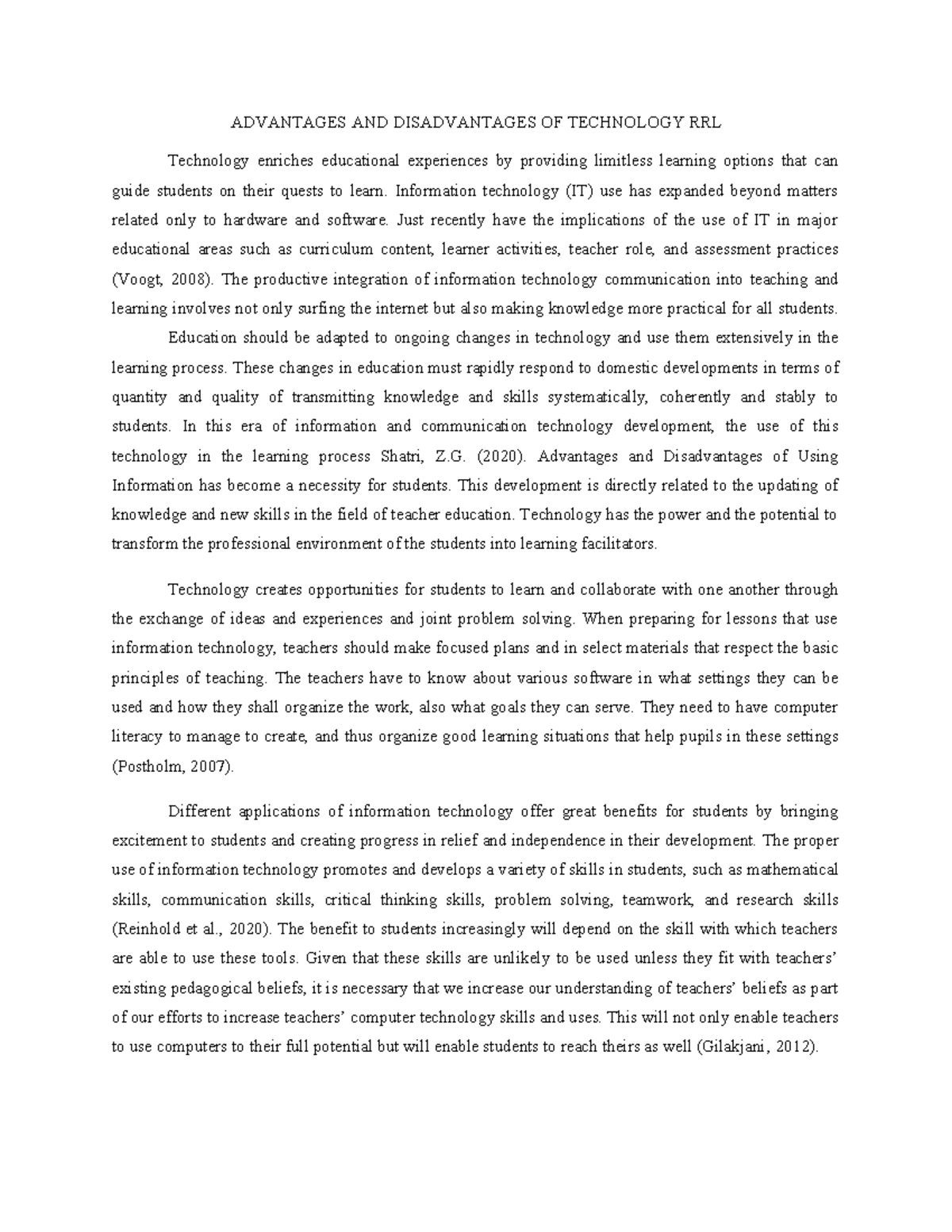 Advantages and Disadvantages of Technology in Education RRL - Studocu