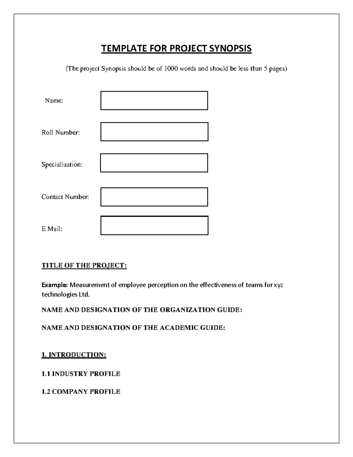 6 Project Synopsis Template FOR MBA - TEMPLATE FOR PROJECT SYNOPSIS ...
