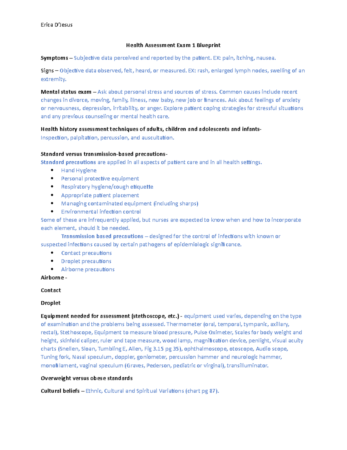 Health Assessment Exam 1 Study Guide and Key Techniques - Studocu