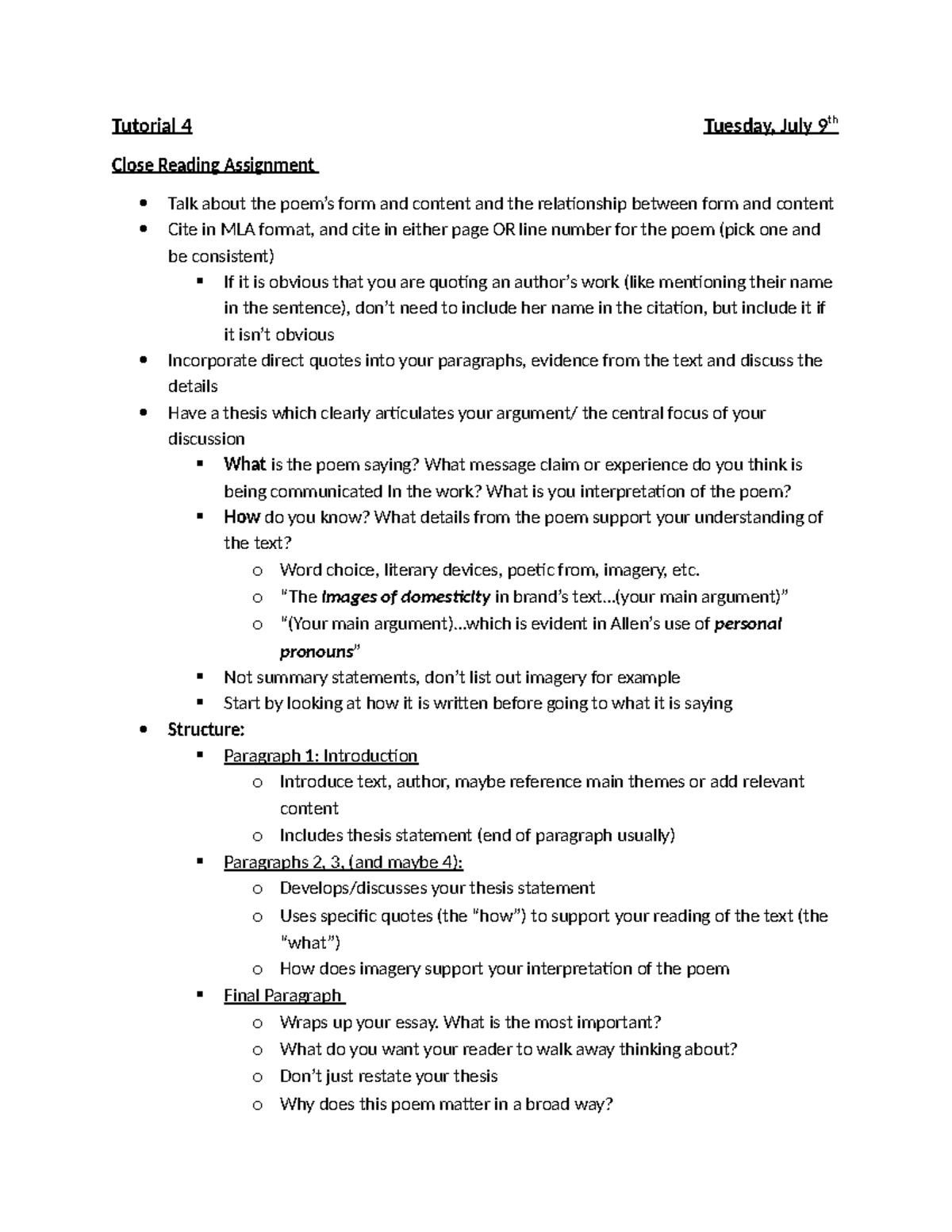 ENG 101: Tutorial 4 Close Reading Assignment Notes - Studocu