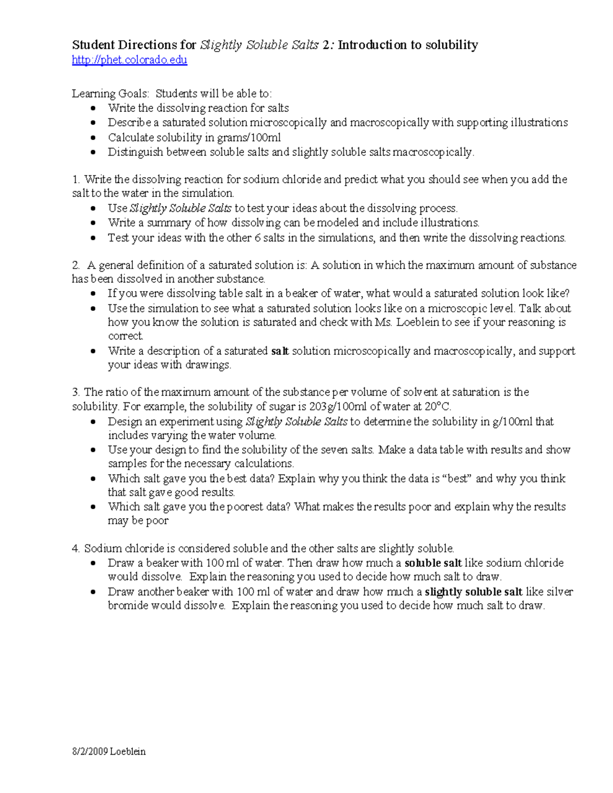 Slightly Soluble Salts: Student Directions for Solubility Lab (CHEM 101 ...