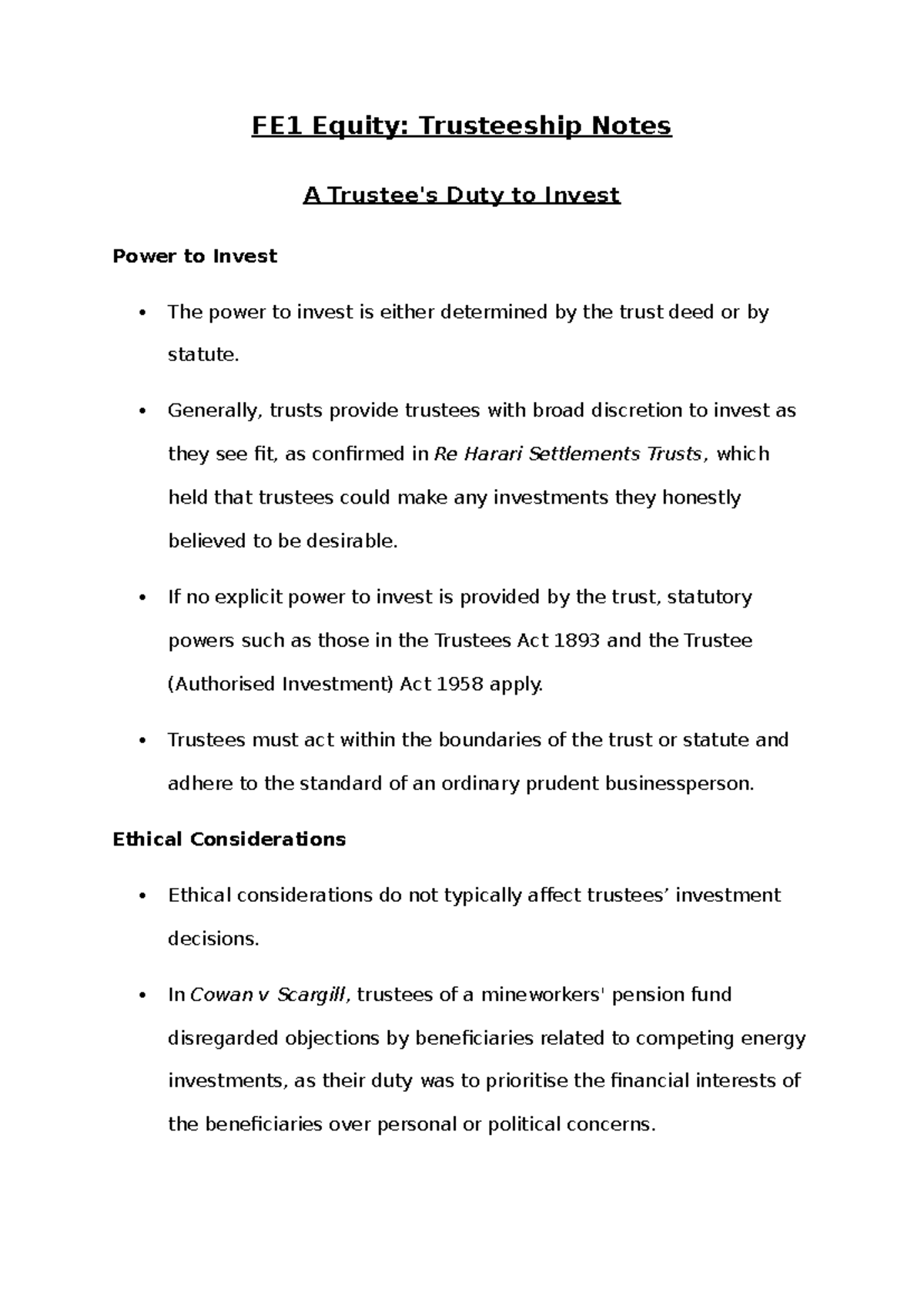 FE1 Equity: Exam Notes on Trustee Duties and Fiduciary Principles - Studocu