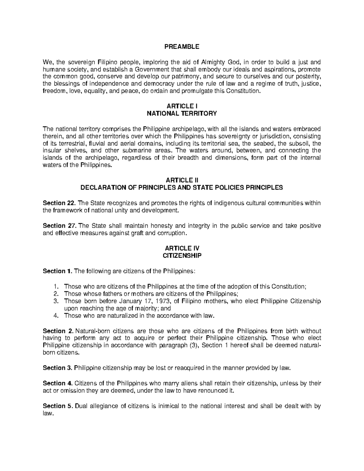 Filipino Constitution Preamble and Articles Overview - Studocu