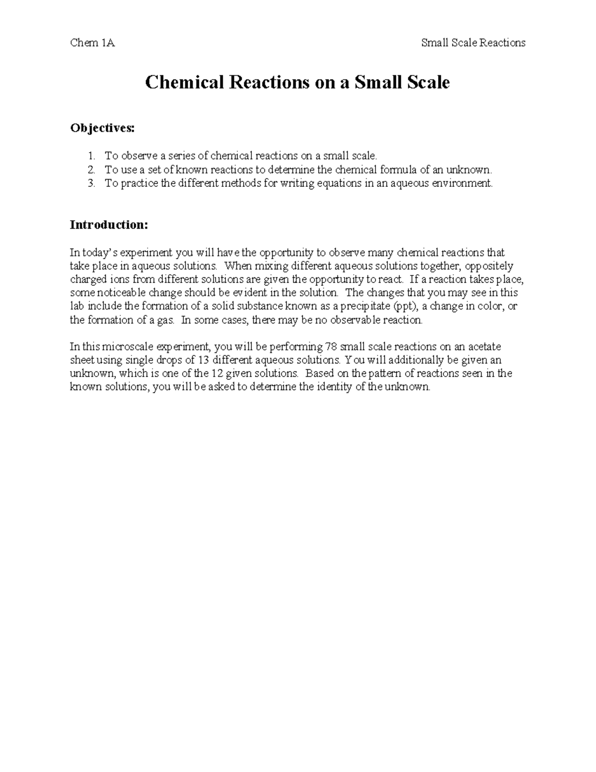 Chem 1A Small Scale Reactions Lab: Observations & Post Lab Analysis ...
