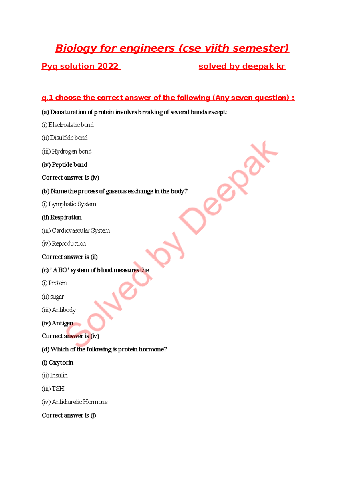 Biology for Engineers (CSE 7th Sem) PYQ Solutions 2022 - Studocu