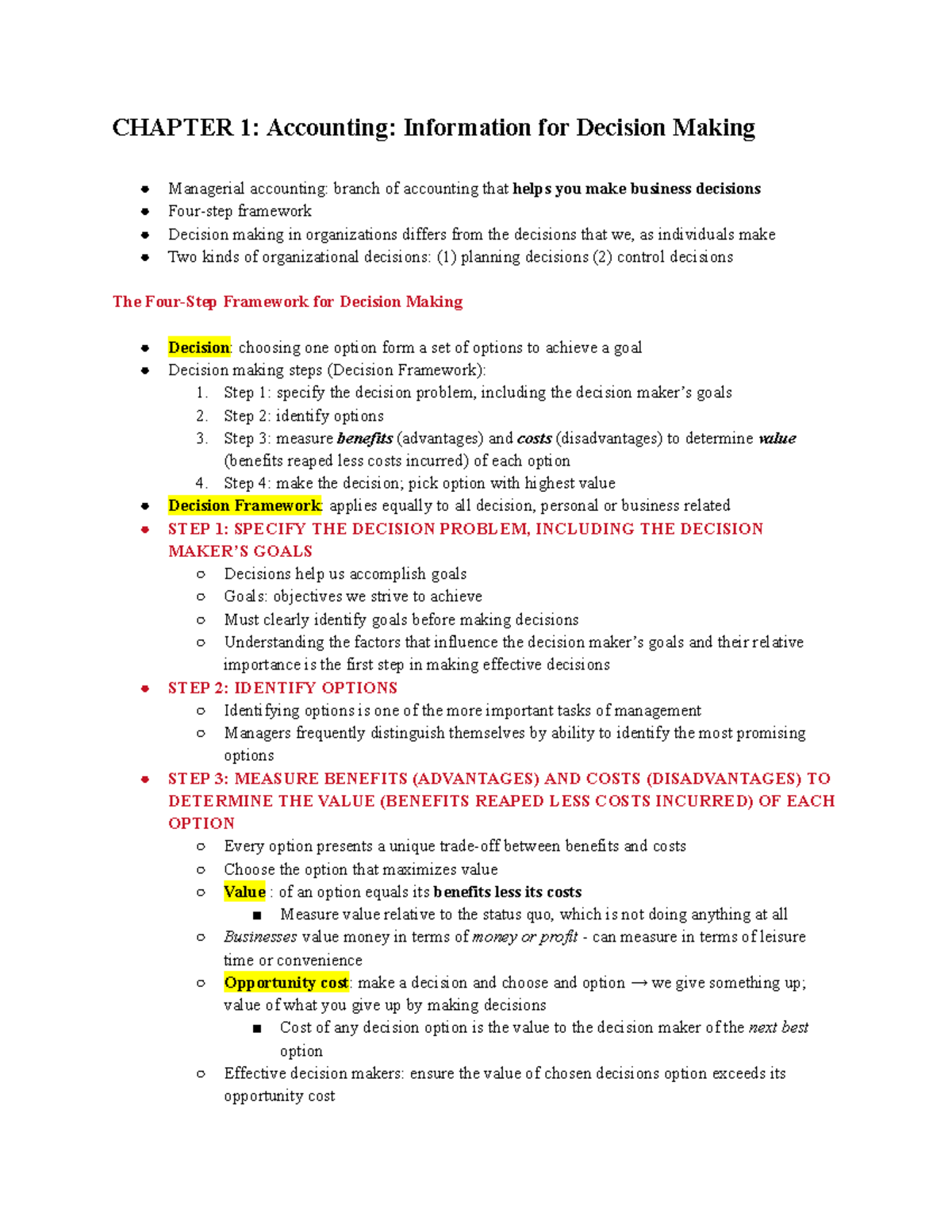 Chapter 1: Decision Making Framework in Managerial Accounting - Studocu