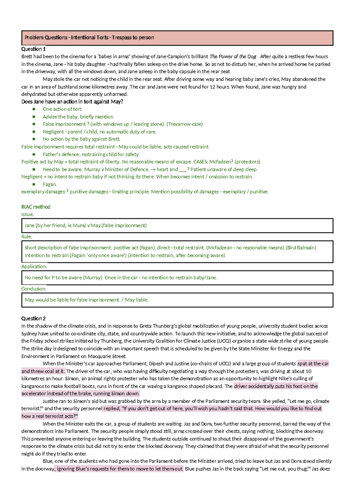 Torts Problem Questions: Intentional Torts and Nuisance Analysis - Studocu