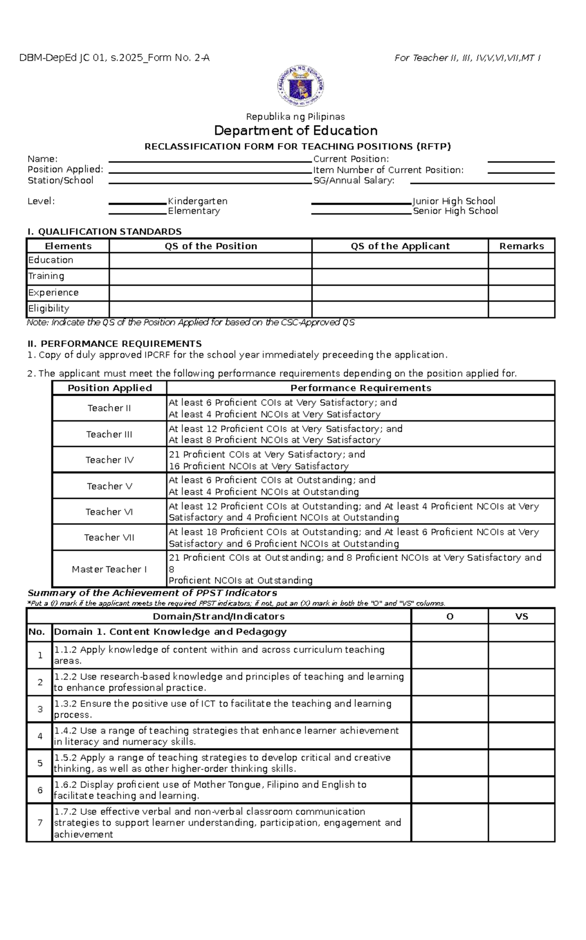 RFTP Form for Teacher II-VII Positions (JC 01, s.2025) - Studocu