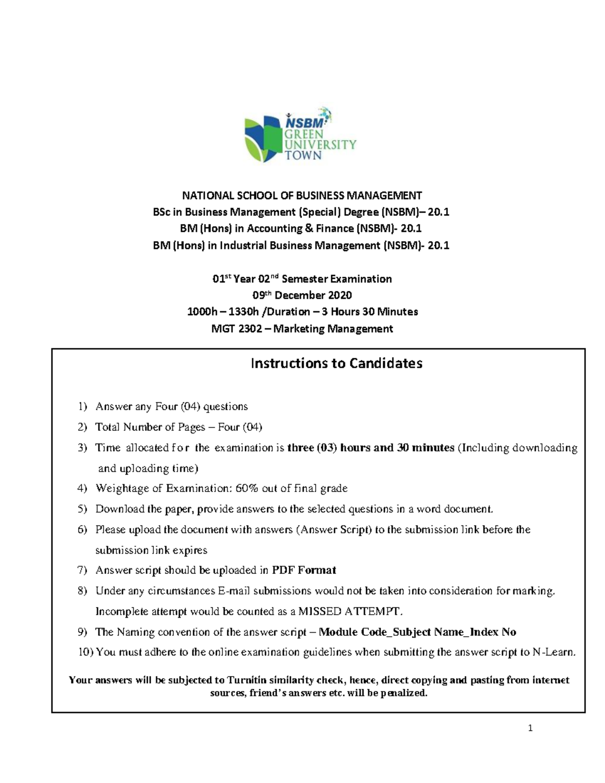 MGT 230 - Marketing Management Final Exam Paper and Guidelines - Studocu