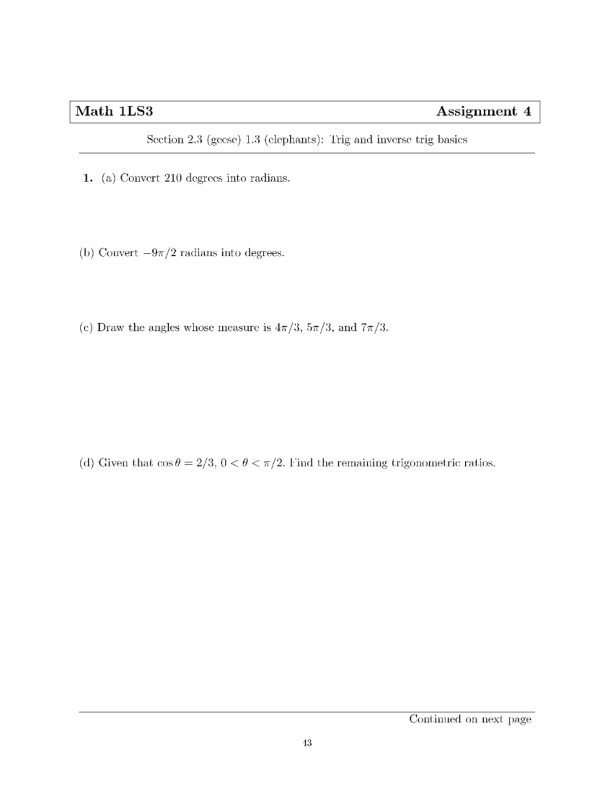 Math 1LS3 Assignment 4: Trigonometry Basics and Graphs - Studocu
