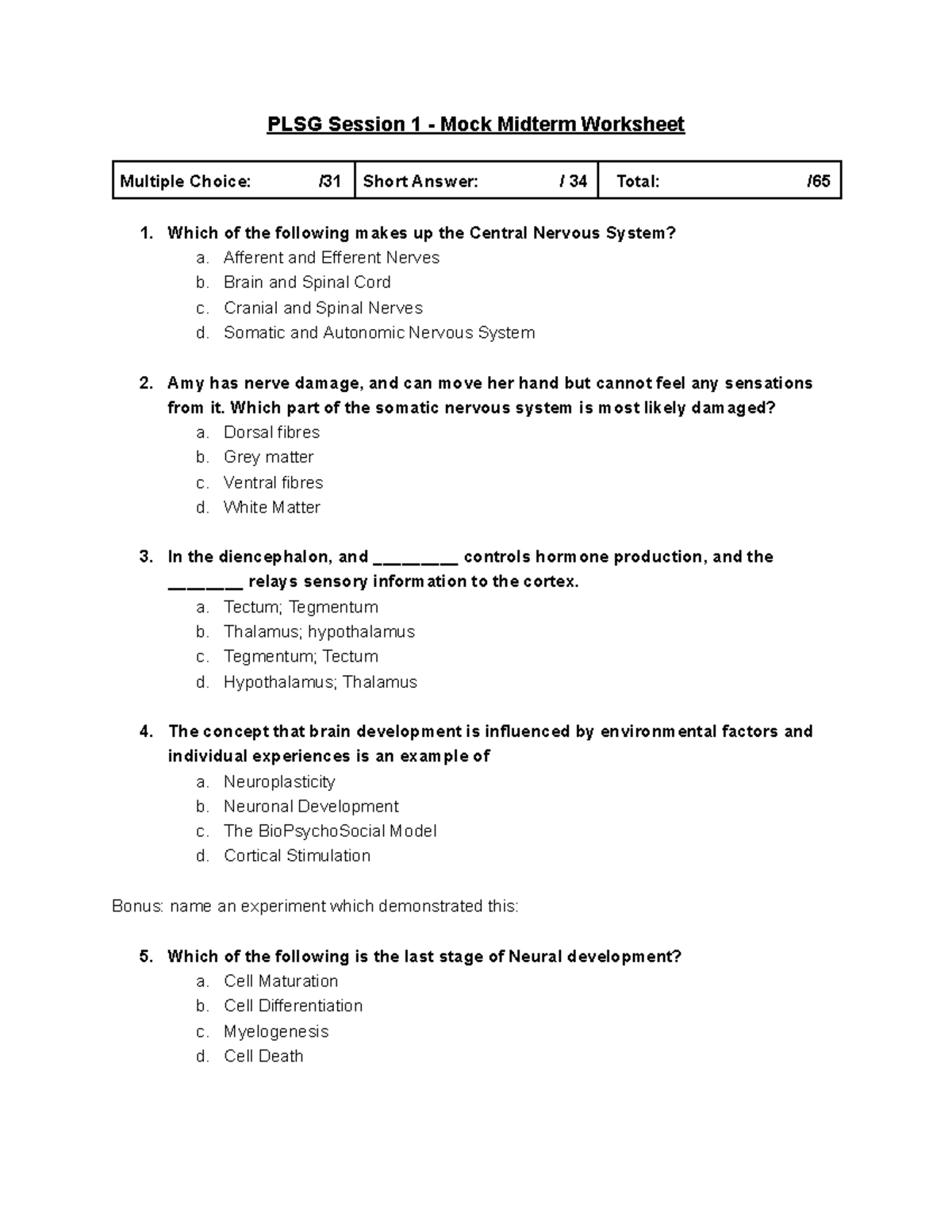 PLSG 101 Session 1 mock midterm worksheet: multiple choice and short ...