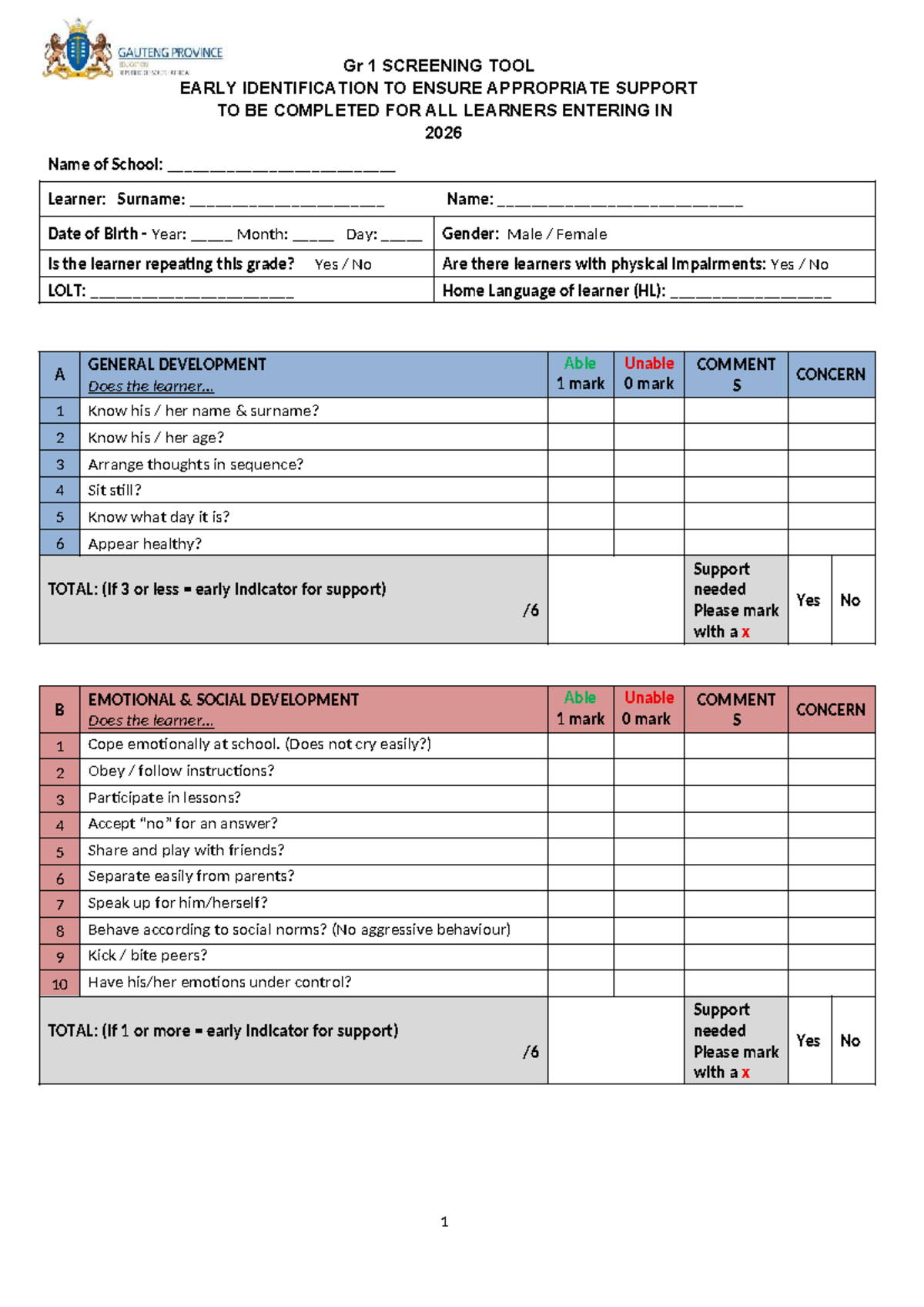 Gr 1 Screening Tool for Early Learner Support - 2026 - Studocu