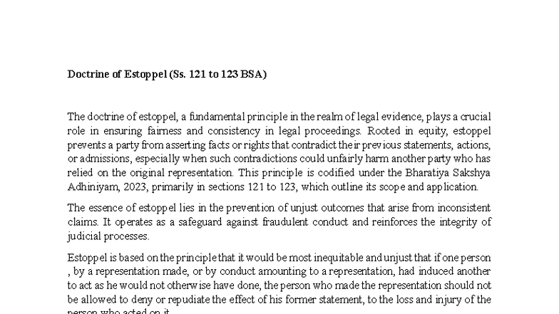 Doctrine of Estoppel (Ss. 121-123 BSA): Principles & Applications - Studocu