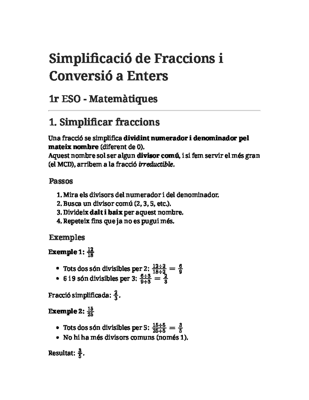 Simplificació de Fraccions i Conversió a Enters 1r ESO Matemàtiques ...