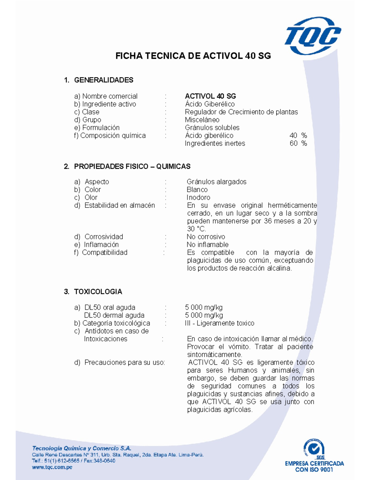Ficha Técnica de Activol 40 SG: Propiedades y Aplicaciones - Studocu