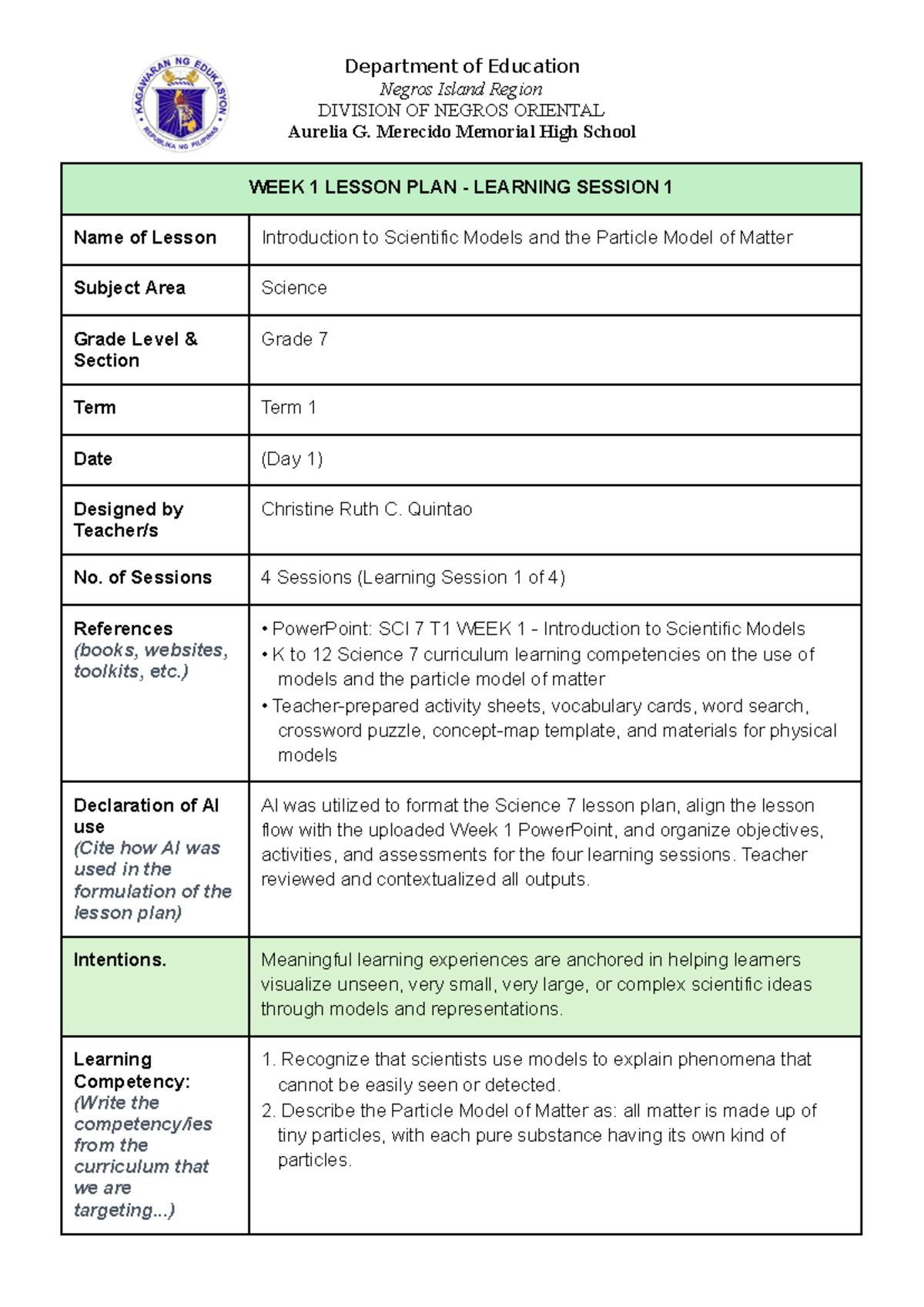 SCI 7 T1 WEEK 1 LESSON PLAN: Introduction to Scientific Models - Studocu