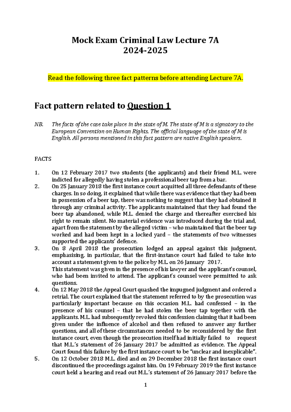 Mock Exam - Criminal Law 2024-2025: Lecture 7A Fact Patterns Analysis ...