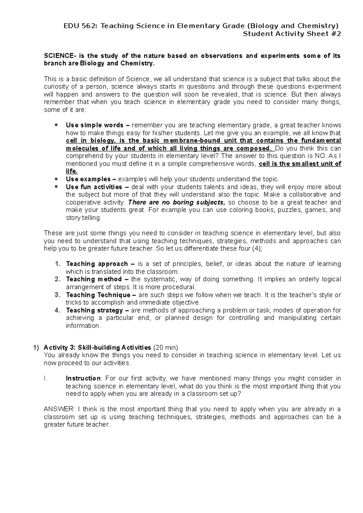 EDU-562: Final Reviewer - Teaching Science Concepts for Elementary - Document Preview