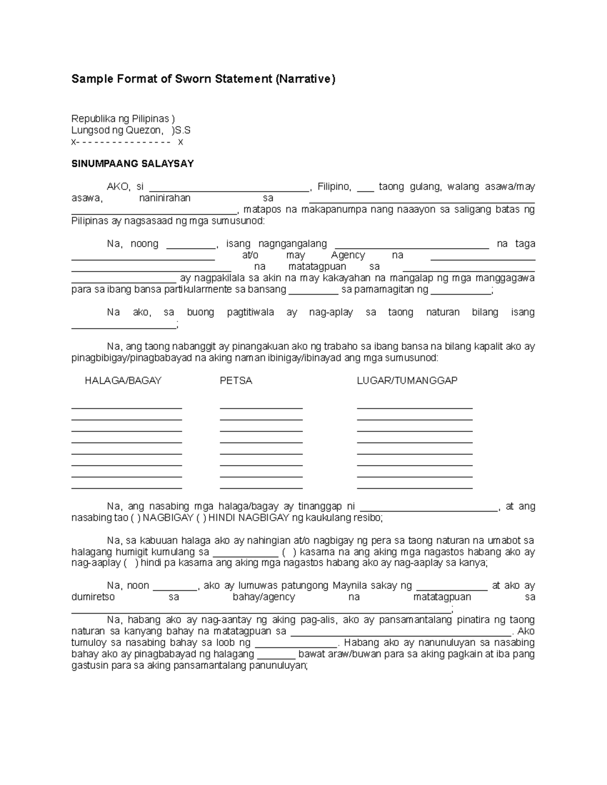 Sample Format for Sworn Statement (Narrative) - Legal Guide - Studocu