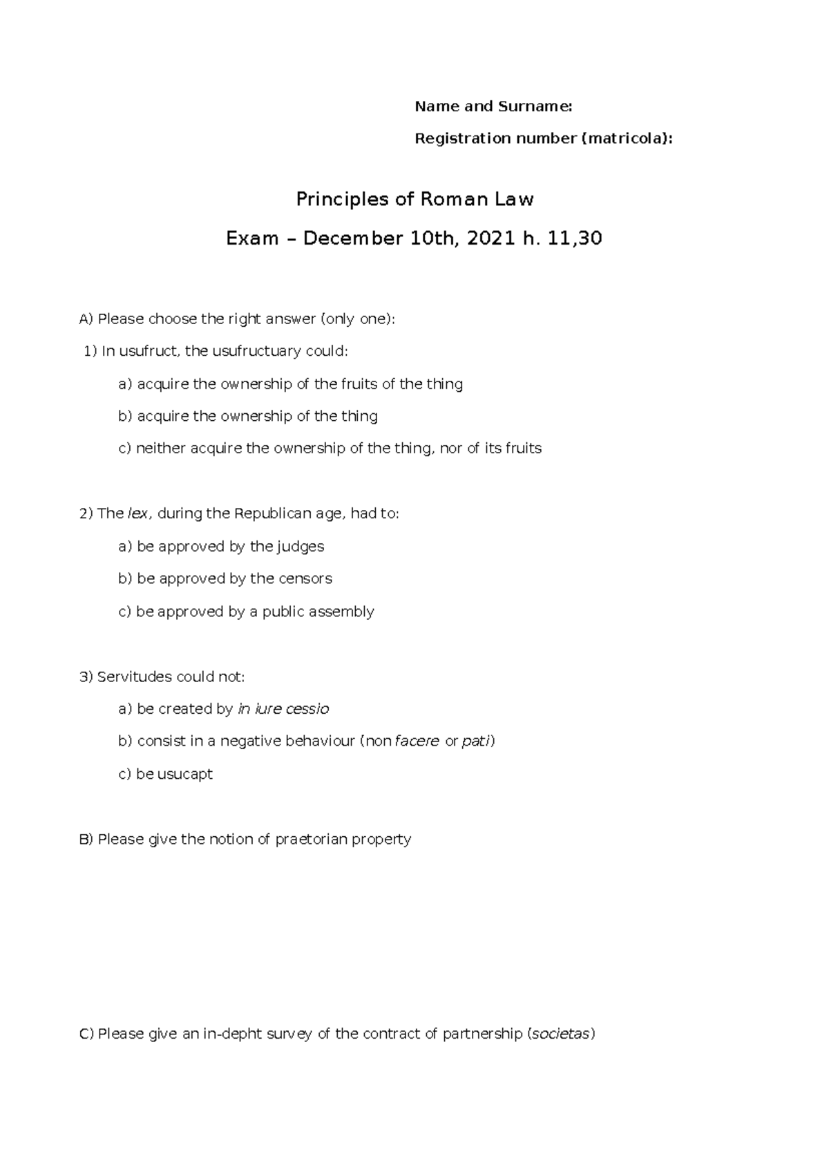 Principles of Roman Law Exam – December 2021 (Example Paper) - Studocu